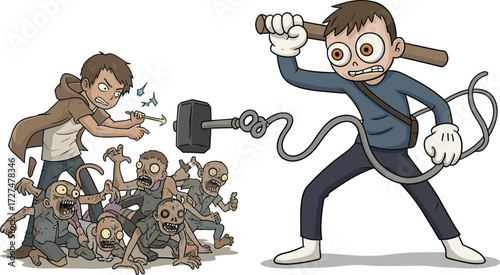 Cartoon zombie apocalypse battle illustration with kids heroes, pencil weapon, mechanical hammer arm, fighting undead monsters, comic horror action scene
