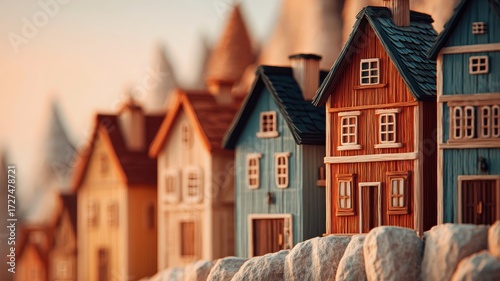 Real Estate Agent First Time Home Buyer concept. Dreamy Miniature Village Model on Shelf Evoking Nostalgia and Warmth in Cozy Home Decor Setting