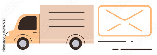 Delivery truck merging with large envelope outline, expressing courier services, logistics, mail delivery, communication, fast service, e-commerce solutions, and data transfer in a simple flat