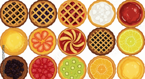 Vibrant and Delicious Assortment of Sweet Fruit and Cream Pies and Tarts Seen from Above