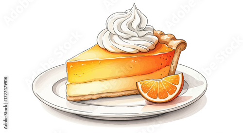 Delicious Hand-Drawn Slice of Orange or Citrus Pie with Whipped Cream and Fresh Orange Garnish