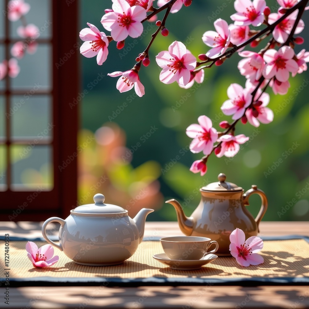 Fototapeta premium Serene Japanese tea ceremony scene featuring a traditional teapot and delicate cherry blossoms in full bloom, teacup, photo
