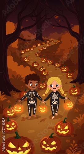 Two children in skeleton costumes walk a pumpkinlined path in a forest. Suitable for halloweenthemed designs, greeting cards, and advertisements.