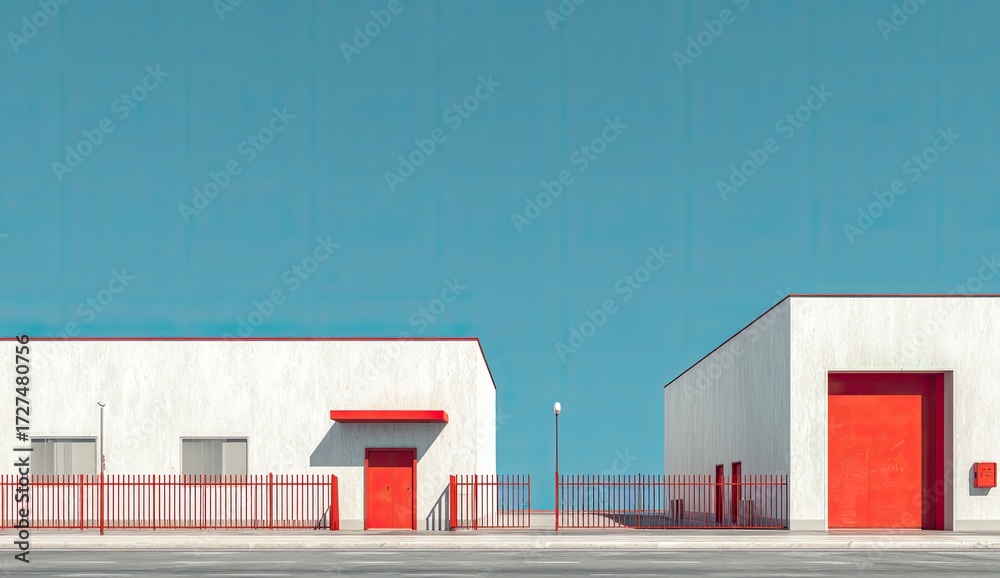 Fototapeta premium Two white buildings with red accents under a vibrant blue sky