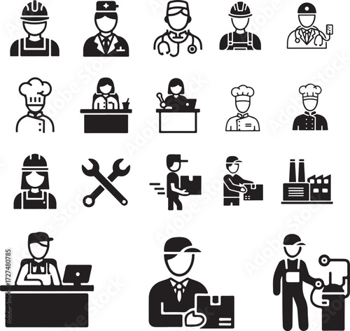 Illustration of various professions, including construction worker, doctor, chef, office worker, mechanic, and delivery person, showcasing diverse career paths and skills on