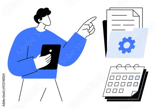 Person with tablet pointing at organized files, documents in a gear-marked folder, and a calendar. Ideal for time management, project planning, digital workflow, teamwork, scheduling, productivity