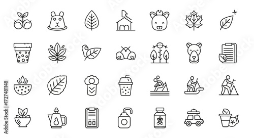 Comprehensive collection of line art icons depicting nature, plants, animals, and outdoor recreation