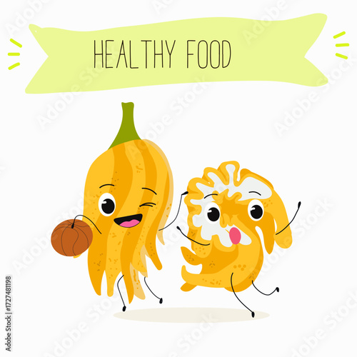 Buddha's hand fruit funny characters, hand drawn vector illustration.