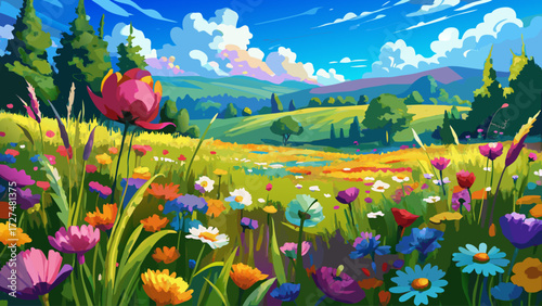 A vibrant digital impressionist painting of a summer meadow bursting with wildflowers, rendered as an image in high resolution, captures glowing colors, textured strokes, soft light, and timeless 