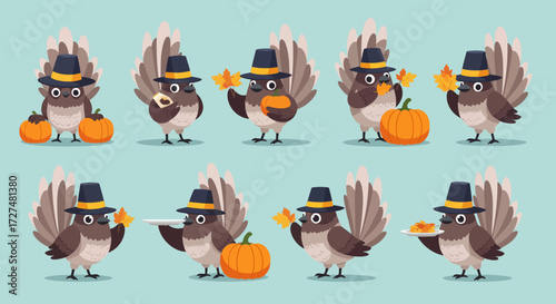 Adorable Thanksgiving Pilgrim Turkeys Cartoon Set with Autumn Pumpkins and Fall Leaves on Light Blue
