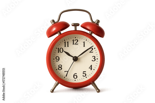 Red analog alarm clock indicating ten ten
