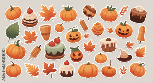 Vibrant Autumn and Halloween Sticker Collection Featuring Festive Pumpkins, Fall Leaves, and Sweet