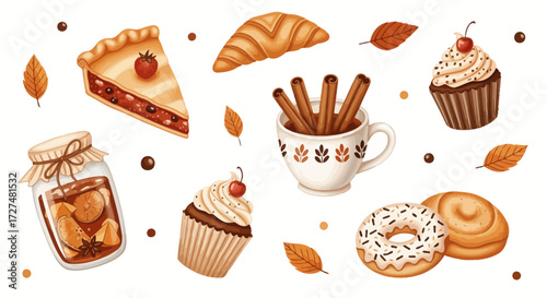 Cozy Autumn Bakery Treats and Warm Drinks Collection with Pie, Croissant, and Cinnamon Mug