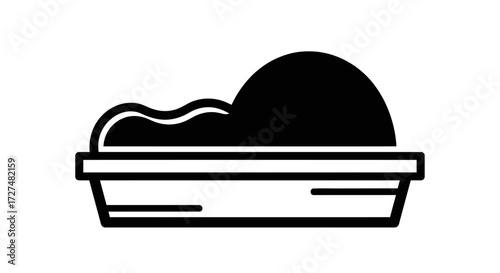 Simple Black and White Vector Icon of a Clean Cat Litter Box with Fresh Litter or Sand