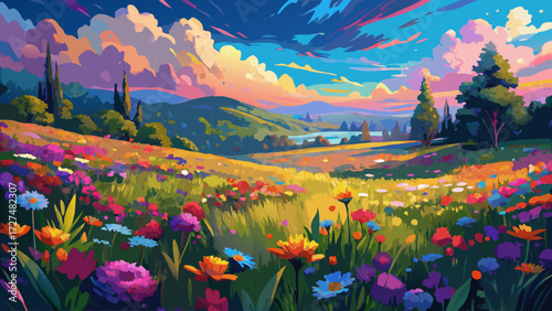A vibrant digital impressionist painting of a summer meadow bursting with wildflowers, rendered as an image in high resolution, captures glowing colors, textured strokes, soft light, and timeless 