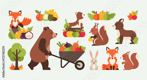 Charming Autumn Harvest Collection with Cute Forest Animals and Fresh Produce Vector Illustration