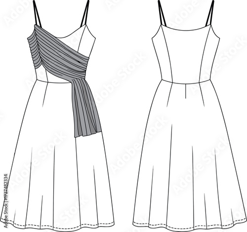 Elegant women’s midi dress with pleated drape design, sleeveless strappy style, CAD fashion flat, technical vector illustration drawing