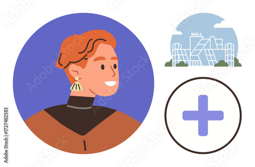 Profile of a smiling person wearing earrings, a contemporary mall building, and a medical plus symbol. Ideal for healthcare, shopping, wellness, community, lifestyle, self-care and service themes