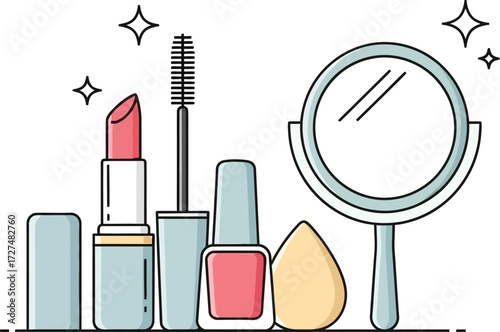 Manicure and pedicure lipstick, mascara, a makeup brush, mirror and makeup essentials vector illustration 