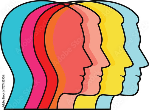 Colorful receding human head silhouettes in profile layered. Antiracist, schizophrenia, diversity and inclusivity. Multiple overlapping head identity silhouettes in different colors