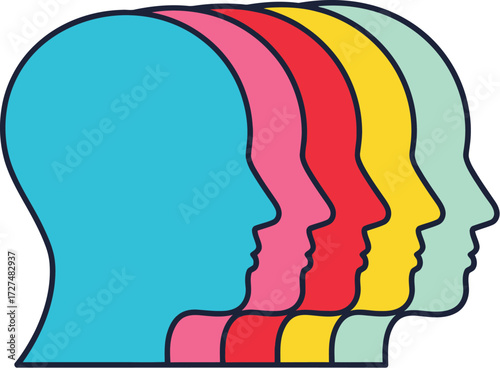 Colorful receding human head silhouettes in profile layered. Antiracist, schizophrenia, diversity and inclusivity. Multiple overlapping head identity silhouettes in different colors