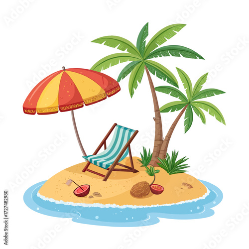 Small Tropical Beach With Palm Trees, Umbrella And Deck Chair Vector Illustration Isolated