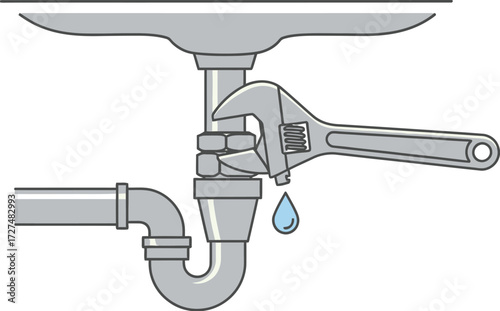 Plumber hand in a blue glove using a wrench to fix a plumbing pipe P-Trap sink. Pvc pipe sink repair with wrench spanner icon editable vector illustration. Plunger plumbing installation 
