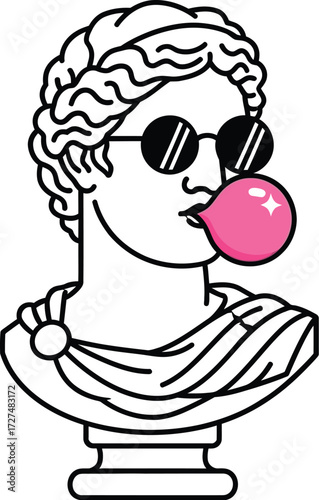 Ancient greek, Roman sculpture classical bust adorned with a black round sunglasses blowing a pink bubblegum bubble editable vector illustration icon. Vintage bubblegum man pop art elements vector 