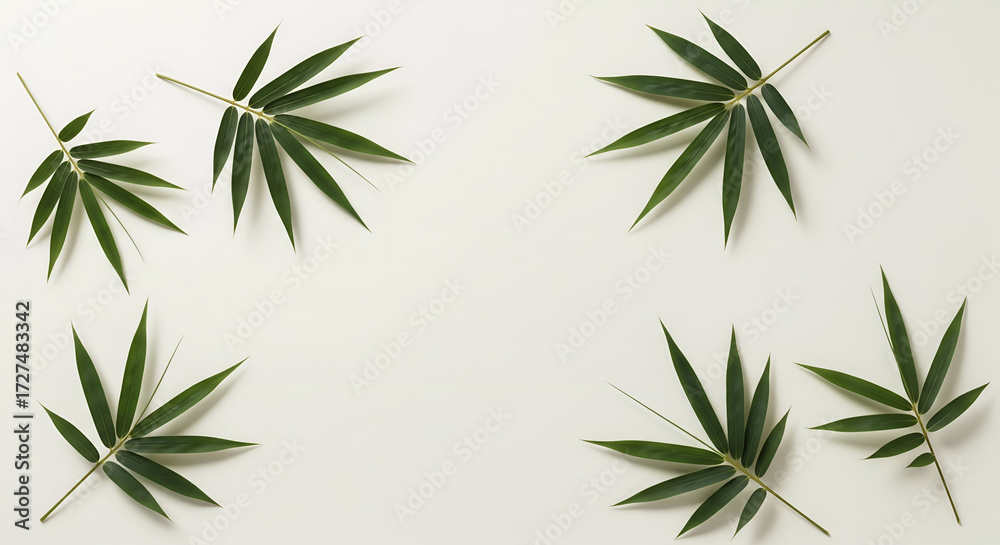Fototapeta premium Elegant bamboo leaves arranged on a neutral background creating a serene and minimalist design for modern aesthetics