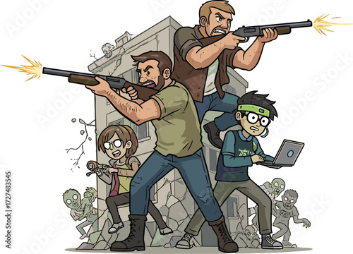 Cartoon zombie apocalypse illustration, survivors with weapons defending against undead horde, teamwork action scene, post apocalyptic horror artwork, dramatic comic style