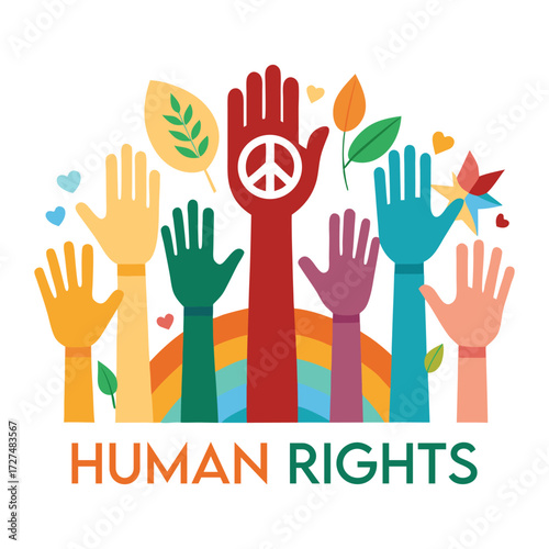 Diverse hands raised in unity and celebration symbolizing human rights equality peace and freedom with colorful abstract elements and nature motifs