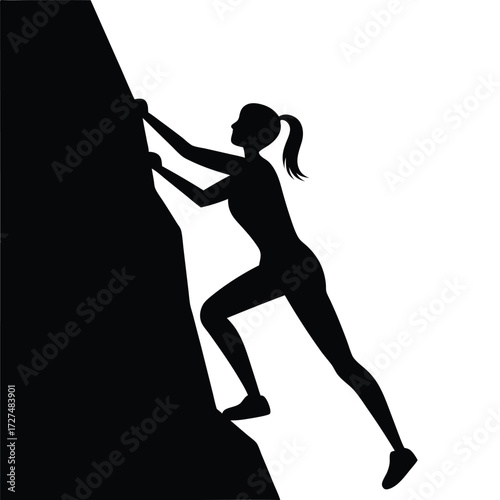 Silhouette of a determined woman rock climbing upwards on a steep cliff face demonstrating strength and perseverance against a stark white background