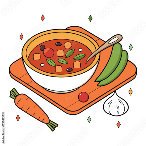 A vibrant and appetizing illustration of a hearty bowl of vegetable soup served with fresh ingredients like carrots peas and garlic perfect for healthy eating concepts