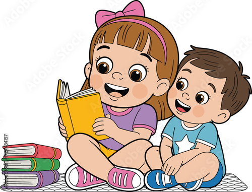 Cartoon illustration of happy kids reading books together, children sitting on floor, enjoying storytelling, learning, studying and sharing knowledge