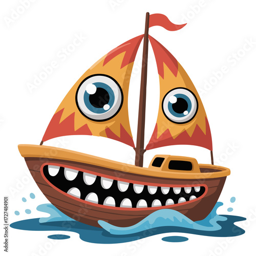 A cartoon boat with a smiling face sailing on the water