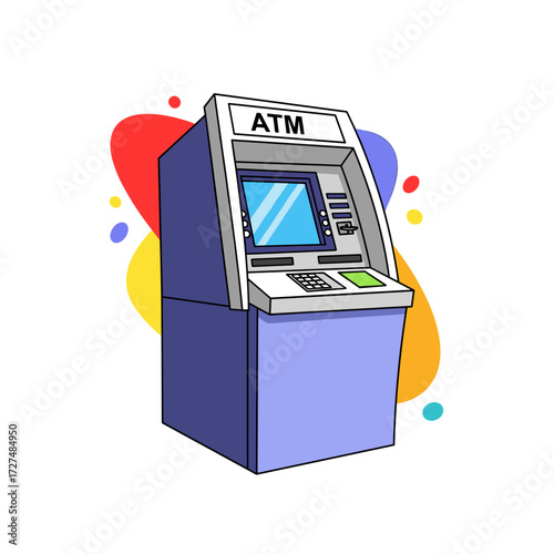 Vibrant blue cartoon ATM illustration with white top screen and keypad.