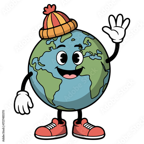 A whimsical illustration of planet Earth with a cheerful personality, wearing a hat and waving hello