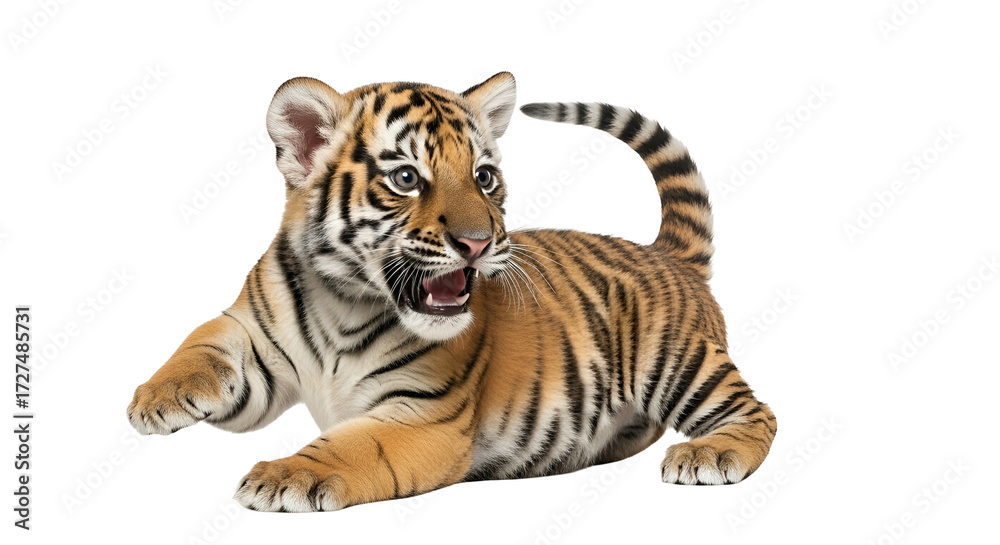 Obraz premium Young bengal tiger cub resting peacefully with striped fur and expressive gaze on transparent background
