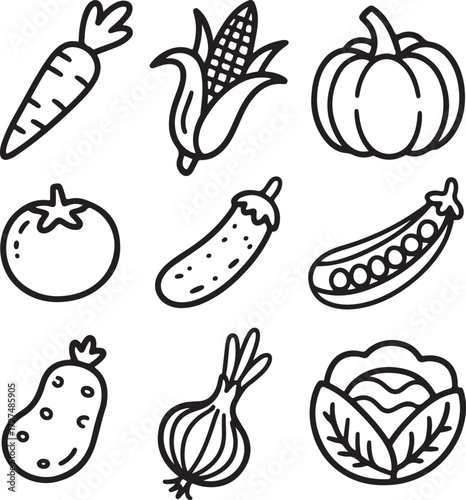 Hand-Drawn Vector Set of 9 Cute Vegetables, Perfect for Educational and Culinary Projects