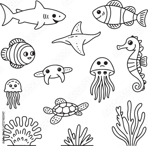 Hand-drawn Underwater Creatures A Black and White Doodle Set for Educational Fun