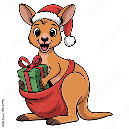 A kangaroo dressed for Christmas, holding a present