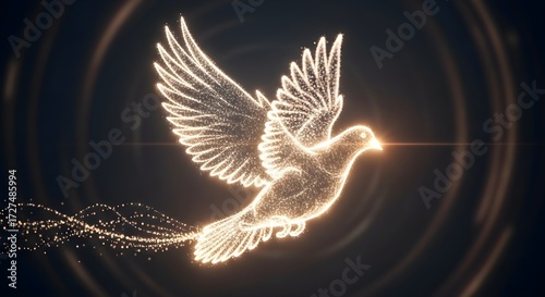 A celestial dove of peace soaring through the air, crafted from shimmering golden particles and stardust on a dark background