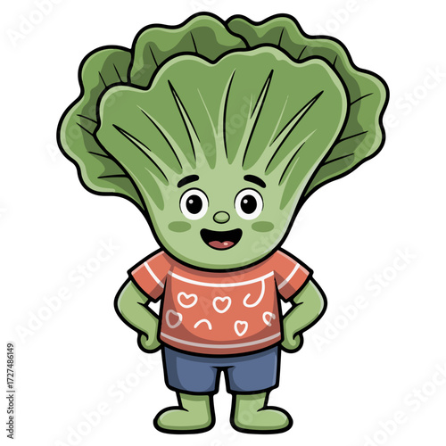 A cute cartoon bok choy character standing and smiling happily