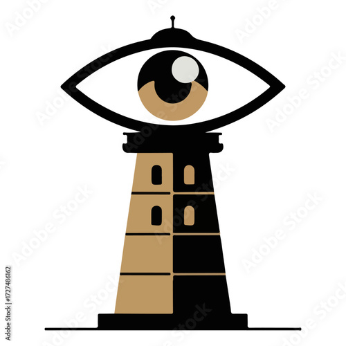 The lighthouse logo with an eye inside, symbol of vision and guidance. This abstract logo has a eye above the lighthouse, representing vigilance