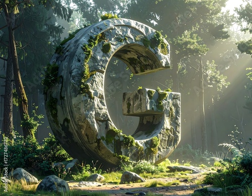 Large stone letter G in a forest
