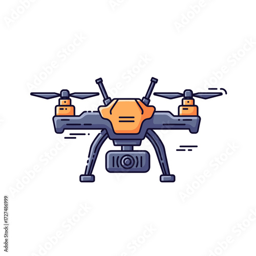 Stylized orange and blue quadcopter drone illustration with camera and antennas.