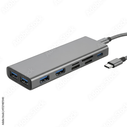 Gray usb c hub with multiple ports isolated on transparent background