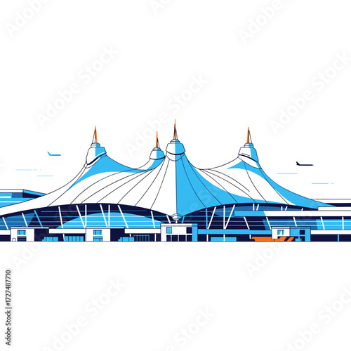 Modern Airport Terminal with Blue and White Canopy Design.