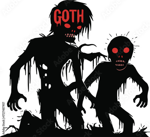 Dark gothic zombie illustration with glowing red eyes, horror undead characters, dripping decay texture, creepy monster artwork, Halloween scary fantasy design