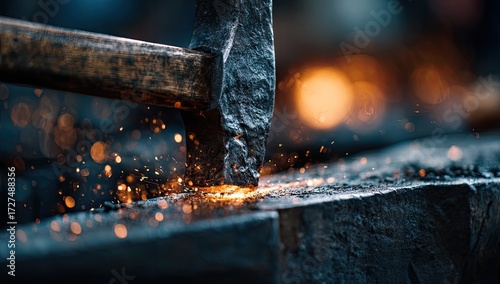 Hammer striking hot metal on anvil